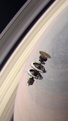 Wall Mural - Vertical Establishing Shot of a Large Futuristic Sci-Fi Space Station Orbiting the Gas Giant of Saturn