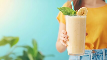 Wall Mural - Woman enjoying a banana smoothie, healthy and weightloss friendly