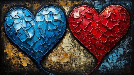 Poster - Colorful Hearts in Abstract Style: A Close-Up of Blue and Red Heart Shapes Crafted with Thick Brush Strokes on a Textured Background