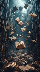 Poster - Books falling from the sky into a pile of books on the ground.