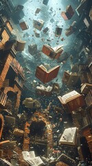 Poster - Books raining down on a brick building.
