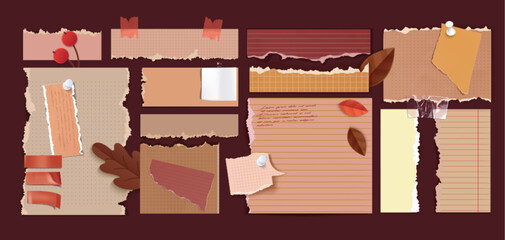 Poster - Autumn collage with torn paper in warm beige and terracotta colors, brown oak leaves, red berries and handwritten notes. Textured ripped pages for fall season scrapbooks or nostalgic mood boards.