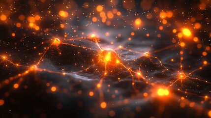 Poster - Abstract Data Flow Representation with Bright Orange Nodes and Dynamic Connections Against a Dark Background