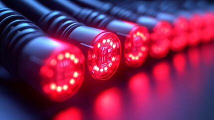 Poster - An Aerial Perspective of a Futuristic Cityscape Featuring Bright Red Lights and Advanced Architecture in a Stunning Urban Environment