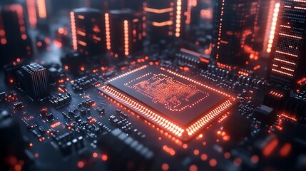 Poster - Artistic Interpretation of a Microchip Surrounded by a Futuristic Cityscape Illuminated by Neon Lights and Circuit Patterns