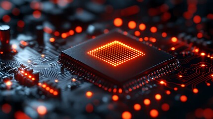 Poster - Artistic Interpretation of a Microchip with Glowing Red Elements and Circuit Patterns on a Dark Background for Technology and Innovation Concepts
