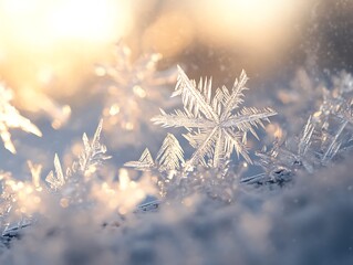 Wall Mural - a close-up of frost crystals delicately forming on a windowpane with soft morning light creating a s