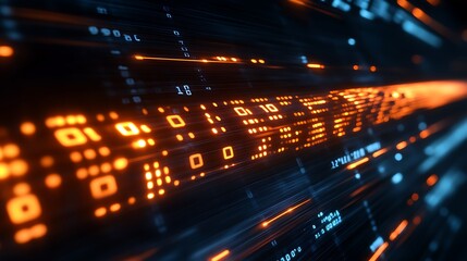 Poster - Artistic Interpretation of Binary Code Representing Data Streams with Glowing Orange Elements and Digital Aesthetic in a High-Tech Environment