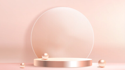 Poster - Minimalist beige podium with metallic spheres against glass circular backdrop. Elegant display setup with soft pink luxury shimmering elements for premium product presentation or cosmetic advertising.