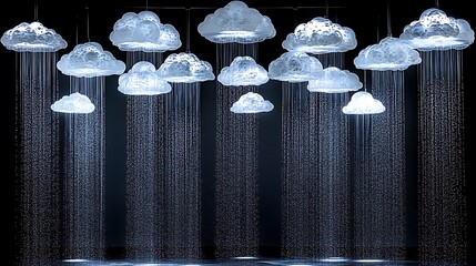 Poster - Ethereal Projection of 3D Landscape with Hanging Clouds and Rain Effects Creating a Dreamlike Atmosphere in a Modern Artistic Installation