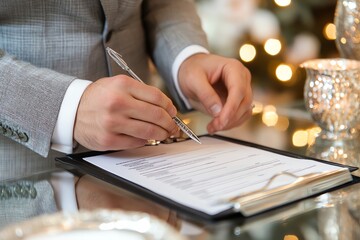 Aufkleber - Close-up of a man's hand signing a document on a clipboard.