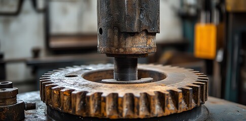 Poster - Close-up of a rusty gear with a metal rod.