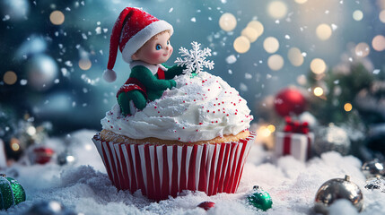 Wall Mural - **Christmas Elf Decorating a Giant Cupcake with Icing and Snowflakes While Sitting in a Winter Wonderland 