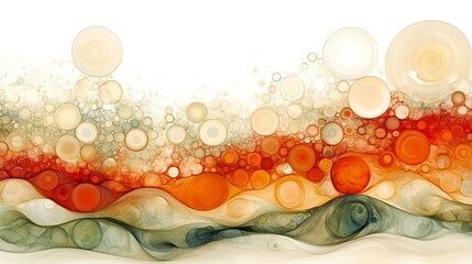 Poster - Abstract Artistic Interpretation of Data Visualization Featuring Flowing Waves and Circular Shapes in Warm Tones of Orange, Red, and Beige