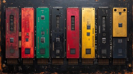 Poster - Close-Up Shot of Intricate Microchip Designs Showcasing a Variety of Textures and Colors, Ideal for Technology, Computing, and Electronic Innovations Themes