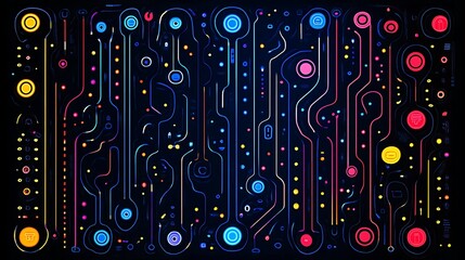 Poster - Vibrant and Colorful Circuit Patterns Featuring Interwoven Designs and Flowing Lines Against a Dark Background for Advanced Technology or Artistic Concepts