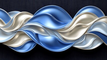Poster - Elegant Dynamic Fractal Designs that Mimic the Fluidity and Flow of Intertwined Waves in Shades of Blue and Cream on a Dark Background