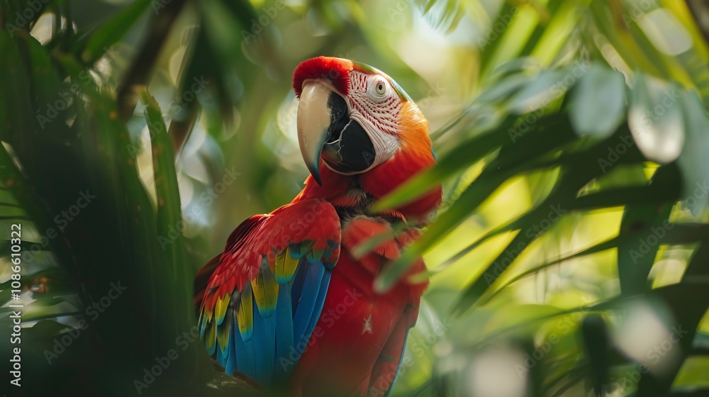 Picture of Macaw in the Caribbean jungle canopy, natural light filtering through ...
