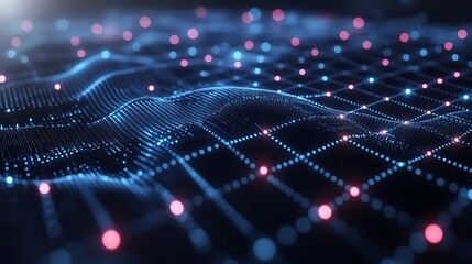 Poster - Dynamic Visual Representation of Flowing Binary Code Morphing Across a Digital Landscape with Embedded Points of Light and Intricate Patterns
