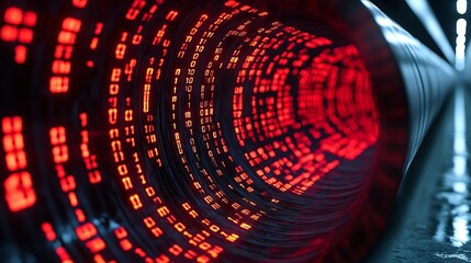 Poster - Dynamic Visual Representation of Flowing Binary Code Morphing in a Circular Tunnel with Red and Black Color Palette for Digital Art Enthusiasts