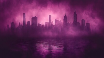 Poster - Futuristic Cityscape Rendered in Bright Angular Design with Ethereal Purple Hues and Mist over Serene Waters