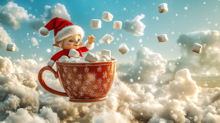 Wall Mural - **Christmas Elf Holding a Giant Cup of Hot Cocoa with Marshmallows Floating Like Clouds in the Sky 