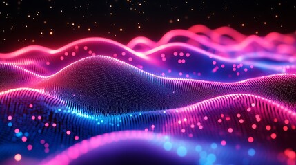 Poster - Twisting Ribbons of Holographic Light Creating Dynamic Waves and Patterns Against a Starry Background for Abstract Visuals and Technology Concepts