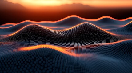 Poster - Twisting Ribbons of Holographic Light Representing a Futuristic Landscape with Soft Waves and a Warm Glow from a Distant Sunset at Dawn
