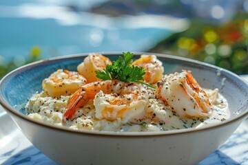 Canvas Print - A delicious bowl of creamy shrimp pasta garnished with parsley, set against a scenic coastal backdrop.