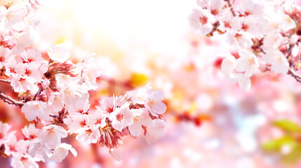Aufkleber - Horizontal banner with sakura flowers of white color on sunny backdrop. Beautiful nature spring background with a branch of blooming sakura. Sakura blossoming season in Japan