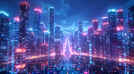 Poster - Neon mega city capital towers with futuristic technology background, future modern building virtual reality, night life style concept