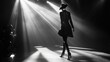 © musa - Fashion model walking on a runway lit by spotlights in a black and white photograph.
