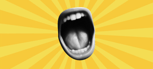 Poster - Halftone collage mouth scream on sunburst background Banner. Retro vector design with a sunny, yellow burst, shining light, and graphic pattern.