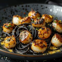 Canvas Print - A delicious plate of black pasta topped with seared scallops, garnished with herbs, showcasing a gourmet seafood dish.