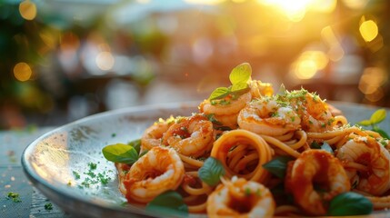 Canvas Print - A vibrant plate of shrimp pasta garnished with herbs, set against a warm, sunset backdrop, creating an inviting and appetizing scene.