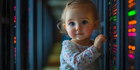 Aufkleber - Little girl curiously examines rows of lights on a server rack.