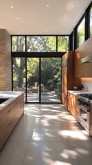 Poster - Modern kitchen with large windows overlooking a patio and backyard.