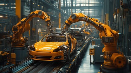 Poster - A vibrant factory scene showing yellow cars being assembled by robotic arms in a high-tech automotive production line.