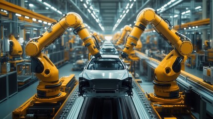 Poster - a futuristic automotive assembly line featuring robotic arms working on a car in a well-lit factory 
