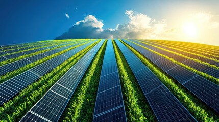 Poster - a vast field of solar panels soaking up the sun rays, generating clean and renewable energy to power