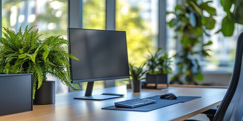 Poster - Modern office desk with a computer monitor, keyboard, mouse, and potted plants.