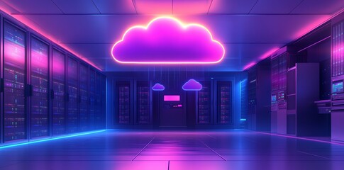 Poster - Neon cloud computing symbol above rows of data servers in a server room.