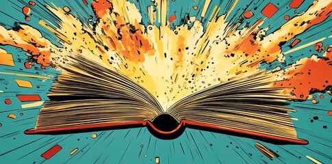 Fototapete - Open book with a bright burst of color and light radiating from its pages.