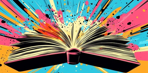 Poster - Open book with bright colors and a comic book style.