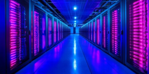 Poster - Rows of illuminated servers in a data center.