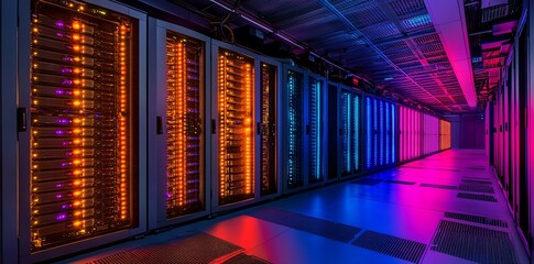 Aufkleber - Rows of server racks in a data center with neon lighting.
