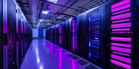 Aufkleber - Server room with rows of racks in a dark room, illuminated by neon lights.