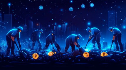 Poster - Silhouettes of miners digging for bitcoin in a futuristic city.