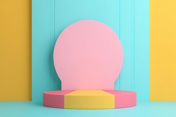 Poster - A modern design display featuring geometric shapes in pastel colors against a vibrant background.