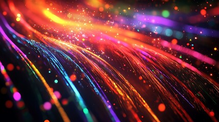 Wall Mural - abstract background of colorful light streaks and glowing particles on a black background.
